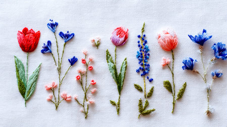An array of vibrant floral embroidery designs adorns a textured fabric surface, evoking...