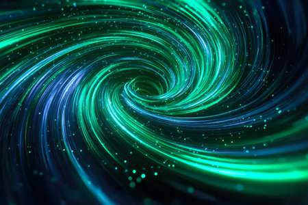 Dynamic luminous streaks in shades of emerald and azure twirl through a dark void, creating an...