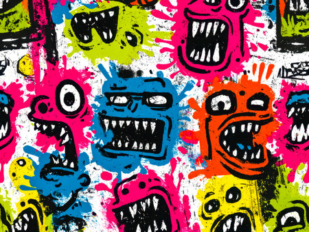 A lively mural showcasing bold, vivid characters with exaggerated features and dynamic expressions,...