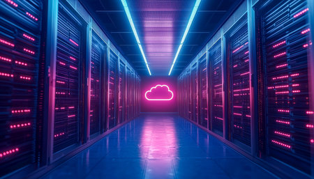 A sleek, high-tech hallway illuminated by vivid pink and blue lights, featuring a glowing cloud icon...