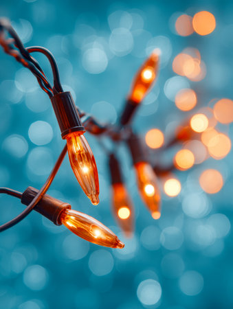 Warm amber bulbs cascade in a delicate sequence, their gentle glow contrasting softly with the dreamy blue backdrop, setting an inviting mood for joyful festivities.の写真素材