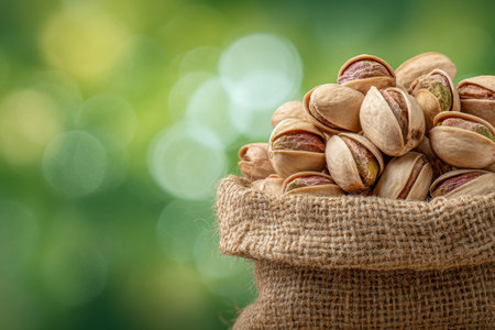 A rustic burlap bag brimming with toasted pistachios in shells, set against a lively, leafy green...