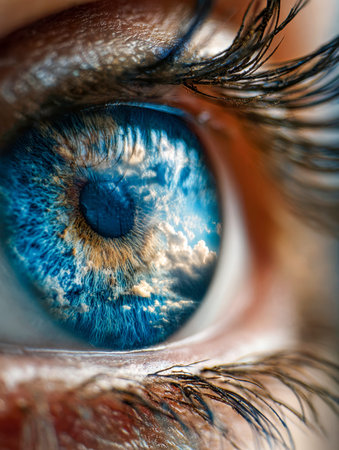 A vivid gaze captures the complexity of an eye mirroring a serene sky, revealing textured irises and...