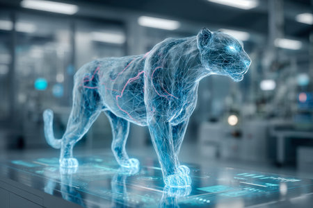 An illuminated digital projection of a sleek panther emerges in a cutting-edge lab, surrounded by...