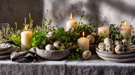 A charming arrangement featuring softly tinted eggs with speckled patterns, lush greenery, and...