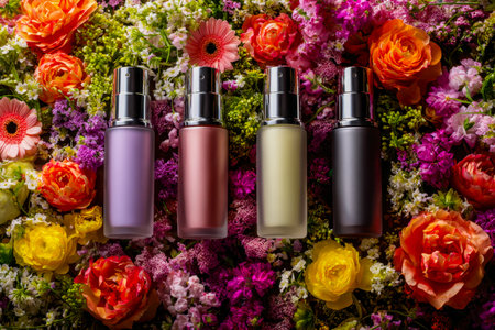 An assortment of vivid skincare containers arranged amid bright blossoms, evoking freshness, natural...