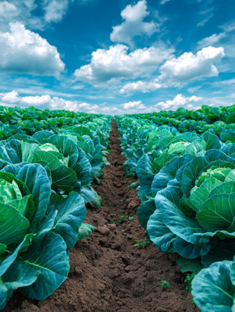 Vibrant green cabbages blanket an expansive field beneath a striking azure sky dotted with fluffy...