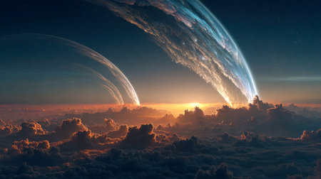 A fantastical cosmic scene showcasing an alien world bathed in the glow of a colossal star, with swirling clouds below and vibrant hues marking dawn's arrival.のeditorial素材