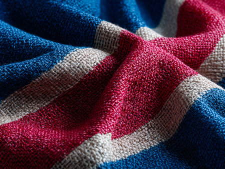 A detailed view reveals a textured textile featuring vibrant red, crisp white, and deep blue bands, highlighting intricate weaving patterns and rich color depth.の写真素材