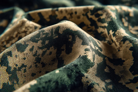 Intricate textile surface featuring a mottled green, brown, and beige design, highlighting rugged...