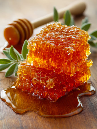 Rich amber honey oozes from a textured hive fragment, glistening on rustic wood amid lush foliage,...
