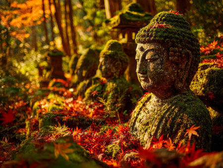Calm ancient Buddha sculptures cloaked in lush moss sit amid fiery fall leaves, evoking peaceful...