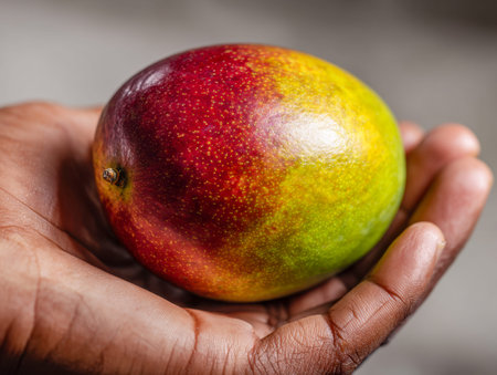 A hand gently cradles a luscious mango, its fiery red and sunny yellow hues highlighting the fruit's...