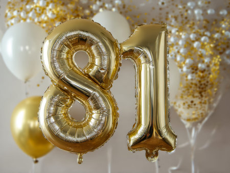 Vibrant celebration scene with towering gold numeral balloons, complemented by a backdrop of white...
