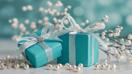 Luxurious turquoise presents embellished with shimmering silver bows, nestled among gentle pearl strands and tender white blossoms on a subtle marble backdrop.の写真素材