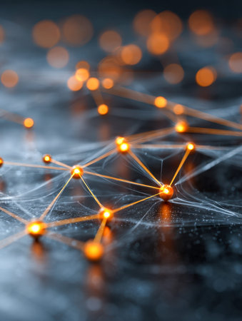 A detailed macro image showingcasing luminous points linked by radiant lines, depicting intricate...