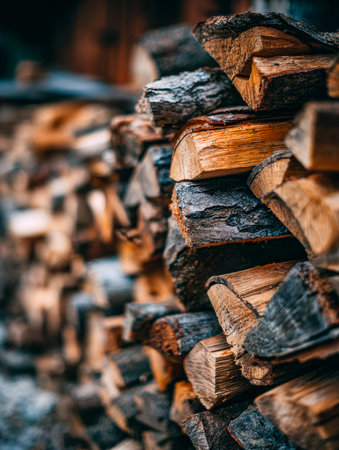 A neatly arranged pile of timber reveals rugged surfaces and rich amber hues, evoking a cozy, rustic...
