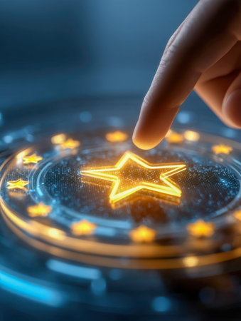 A fingertip taps a luminous yellow star symbol amid sleek holographic elements and vibrant blue lighting, embodying advanced technology and interactive innovation.の写真素材