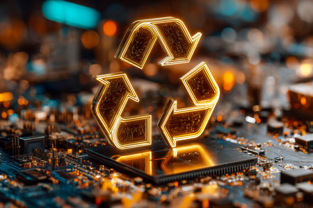 A glowing, eco-inspired icon radiates across a sleek, advanced circuitry landscape, symbolizing...