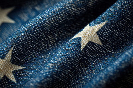 Textured indigo denim with crisp white star motifs, showing intricate stitching and a casual,...
