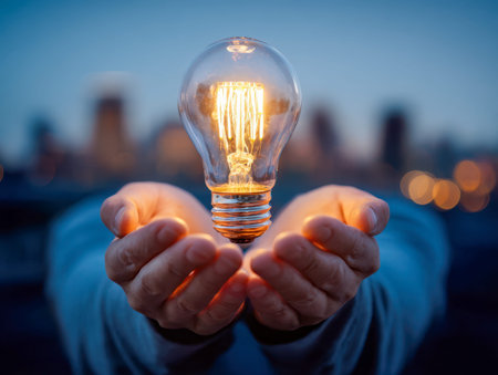 A hand gently cradles a luminous bulb, casting a warm glow amid a hazy city skyline at dusk, evoking...
