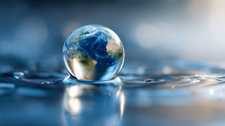 A crystal-clear droplet enlarges a tiny Earth, shimmering on a gently rippled mirror under gentle...