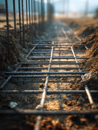 Rusty steel bars intertwine in meticulous patterns, silhouetted against a warm sunset glow,...