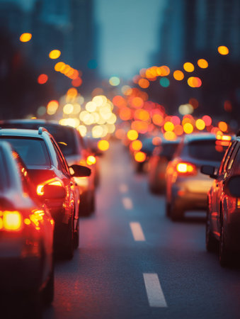 A bustling city street at dusk, with shimmering brake lights forming a vivid red mosaic amid the...
