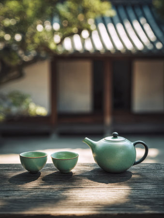 A charming green ceramic tea set rests on a rustic wooden surface, surrounded by lush foliage,...
