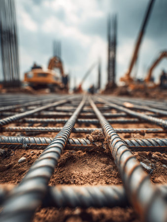 Crisscrossed steel rods lie on earthy soil, with distant machinery faintly visible beneath a grey,...
