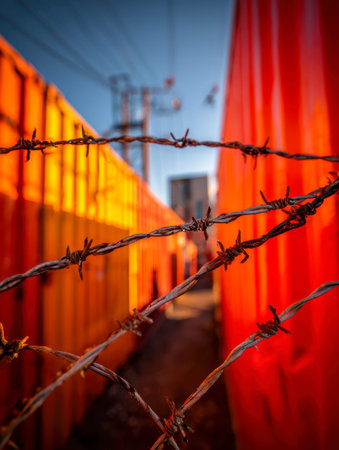 Sharp, twisted wire creates a barrier dividing rows of fiery-colored containers, emphasizing...