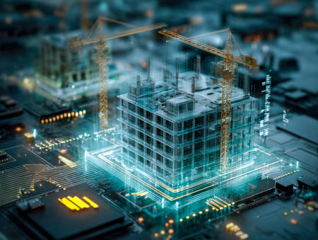 A futuristic construction visualization showcasing an intelligent structure enveloped in glowing...
