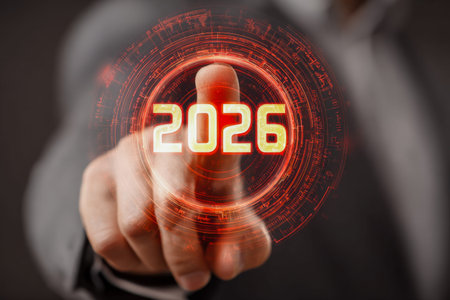 A professional engages with a sleek digital control panel, illuminated by a luminous '2026' emblem, embodying forward-thinking strategies and tech progress.の写真素材