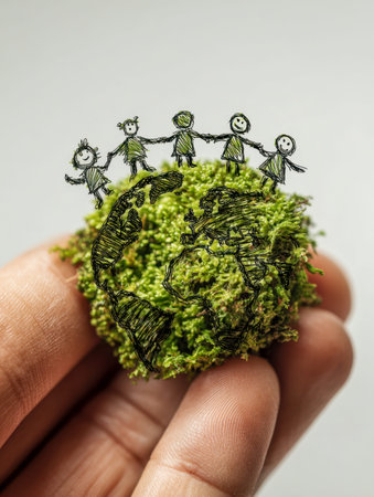 A gentle hand cradles vibrant moss beneath an artistic sketch of the planet, featuring children...
