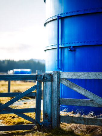 A massive azure storage vessel stands amidst rolling countryside, bordered by weathered wooden rails, evoking rural charm and utilitarian resilience.の写真素材
