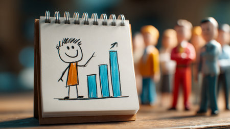 A miniature scene featuring a colorful, whimsical diagram on a tiny flip chart, capturing a rising curve that draws an eclectic group of tiny figures on a wooden table, wの写真素材