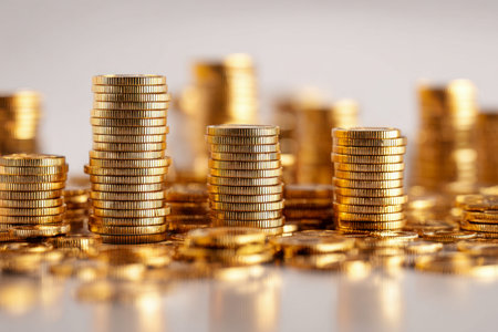 A detailed view of gleaming gold coins carefully arranged in stacks, reflecting light on a glossy...