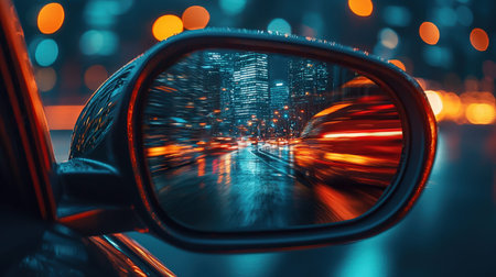 A sleek vehicle captures city lights and glowing skyscrapers mirrored in the side view, with streaks...