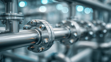 A detailed shot highlights polished steel pipework featuring precise fastening components,...