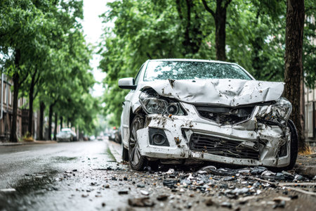 A wrecked silver vehicle rests against lush trees, its battered exterior revealing the aftermath of...