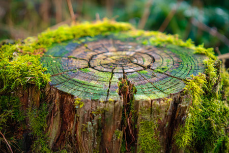 An intricate, textured surface reveals lush green moss sprawling over a weathered log nestled amidst vibrant woodland foliage.の写真素材