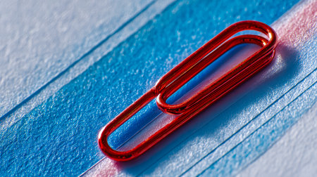 A vibrant scarlet paperclip lies atop weathered azure planks, contrasting boldness with rustic texture, evoking creativity and vintage charm in every detail.の写真素材