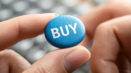 A person's hand gently presses a vivid blue digital interface button with "buy," capturing the essence of online purchasing choices amid a softly blurred backdrop.の写真素材