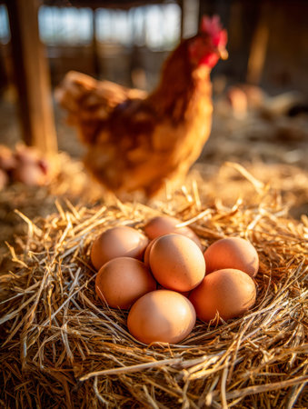 In a cozy barn setting, plump eggs rest on golden straw under soft sunlight, with a gentle hen blurred in the background, evoking warmth and rustic charm.の写真素材