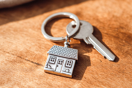 A charming miniature house accessory with a tiny key nestled on a rustic wooden background, evoking...