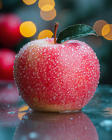 A juicy apple shimmered with tiny water beads, nestled beside a green leaf, casting reflections on a...