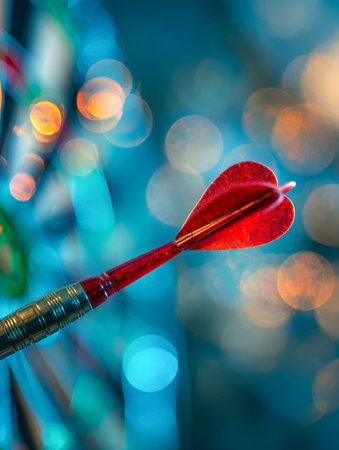 A vivid red dart with heart-shaped fins strikes the bullseye amidst a backdrop of blurred, colorful...