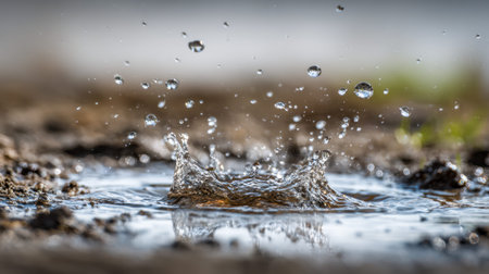 Tiny water spheres burst upward, scattering across a reflective surface, as concentric circles...