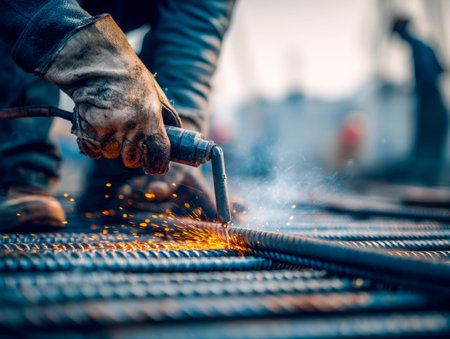 A worker clad in safety gear expertly welds outdoors, sparks flying as molten metal fuses in a...