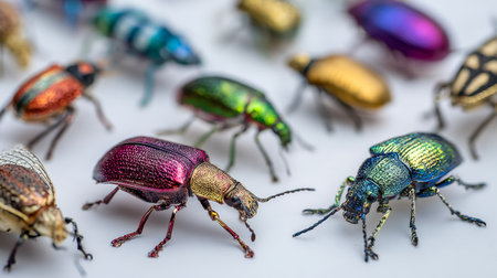 An array of shimmering beetles displaying a vivid spectrum of hues and intricate markings, highlighting biodiversity and nature's dazzling artistryの写真素材